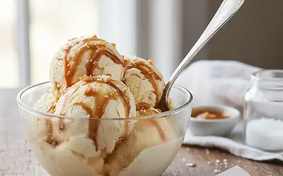 Creamy Vanilla Ice Cream with Browned Butter and Salted Caramel (no ice cream maker)