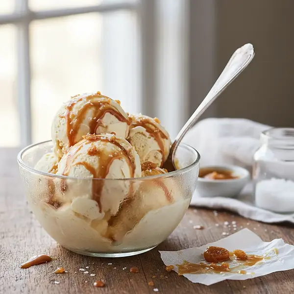 Creamy Vanilla Ice Cream with Browned Butter and Salted Caramel (no ice cream maker)