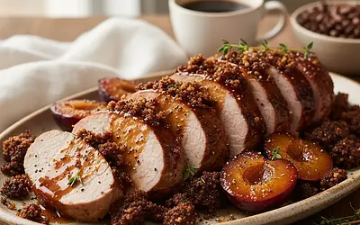 Pork Tenderloins in Coffee-Plum Glaze with Crunchy Coffee