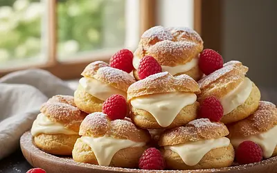 Fluffy Baked Choux Doughnuts with Vanilla Cream and Fresh Raspberries