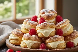 Fluffy Baked Choux Doughnuts with Vanilla Cream and Fresh Raspberries