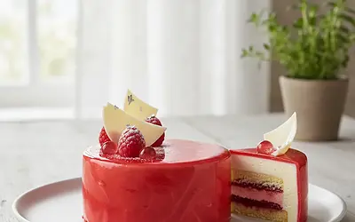 Entremet 'Digital Precision' with raspberry and white chocolate flavor