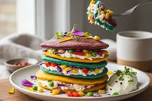 Rainbow Spinach Pancakes with Cottage Cheese and Vegetables