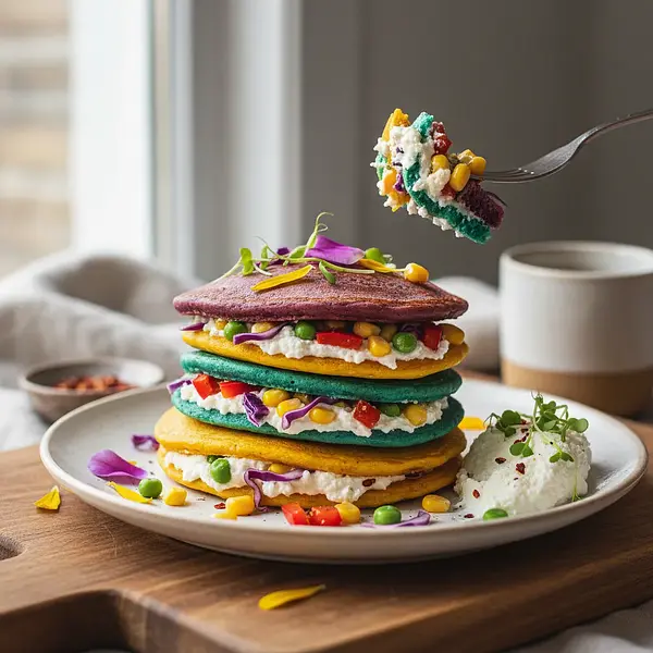 Rainbow Spinach Pancakes with Cottage Cheese and Vegetables