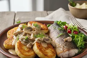 Kashubian Potato Dumplings with Mushroom Sauce and Smoked Trout