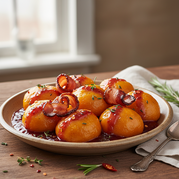 Pumpkin dumplings with plum sauce and smoked bacon