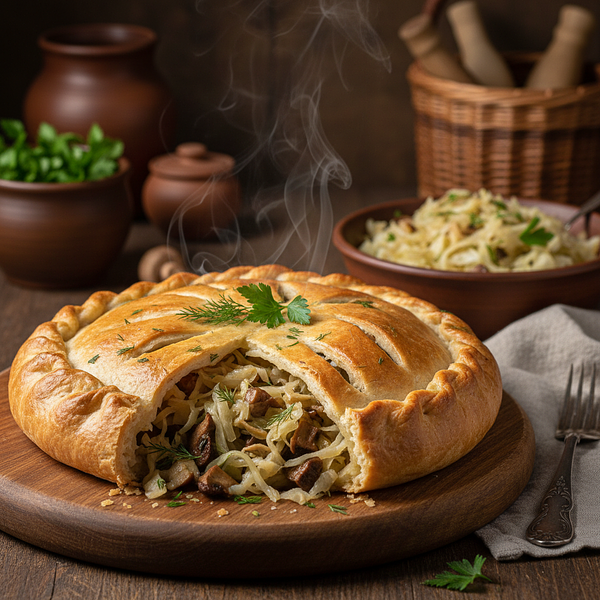 Christmas Kulebiak with Cabbage and Mushrooms