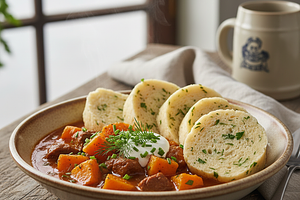 Czech pumpkin goulash with Karlovy Vary dumplings