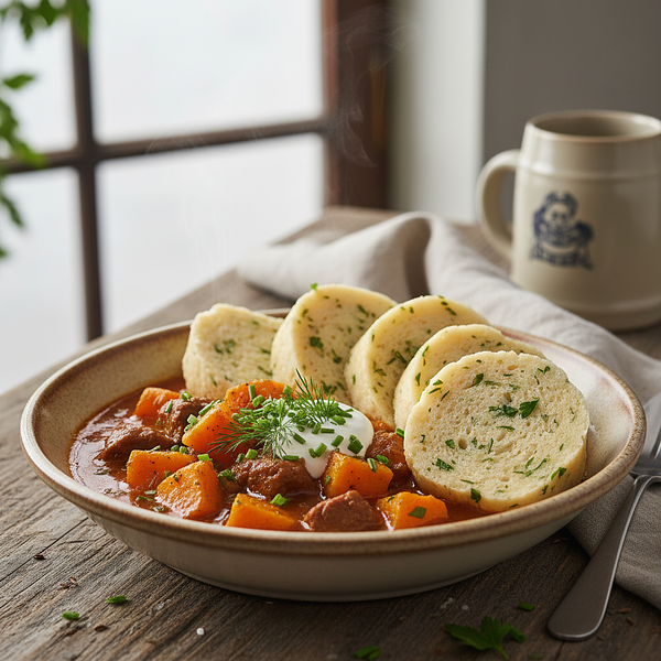 Czech pumpkin goulash with Karlovy Vary dumplings