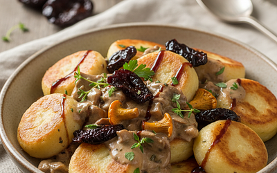 Kaszubskie Kluski 'Ziemniaczane Oczka' z Sosem Grzybowym i Wędzoną Śliwką