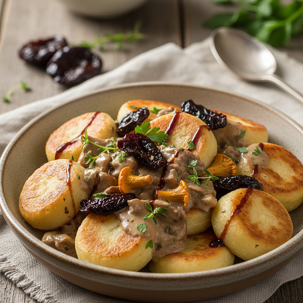 Kashubian Potato Dumplings 'Ziemniaczane Oczka' with Mushroom Sauce and Smoked Plum