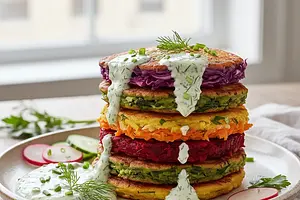 Rainbow Vegetable Pancakes with Yogurt-Herb Sauce