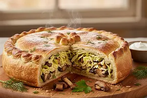 Christmas Kulebiak with Cabbage and Mushrooms