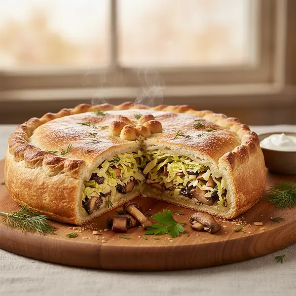 Christmas Kulebiak with Cabbage and Mushrooms