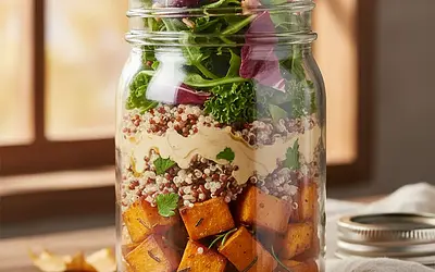 Autumn Layered Salad in a Jar with Roasted Sweet Potato, Quinoa, and Tahini Dressing