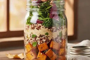 Jesienna sałatka warstwowa w słoiku z pieczonym batatem, komosą ryżową i dressingiem tahini