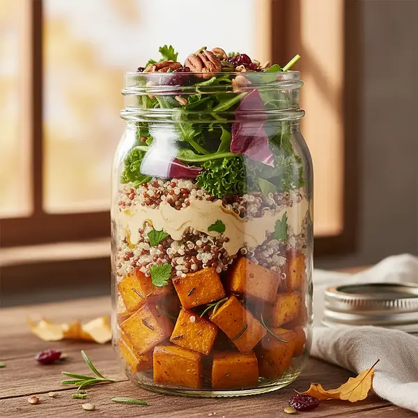 Autumn Layered Salad in a Jar with Roasted Sweet Potato, Quinoa, and Tahini Dressing