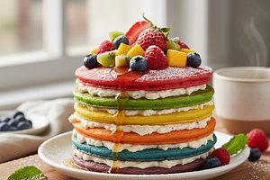 Rainbow Spinach Pancakes with Cottage Cheese Filling and Fruits