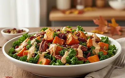 Autumn Power Salad with Roasted Sweet Potato, Kale, and Tahini-Orange Dressing