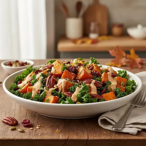 Autumn Power Salad with Roasted Sweet Potato, Kale, and Tahini-Orange Dressing