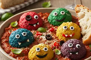 Colorful Monster Turkey Meatballs in Tomato Sauce