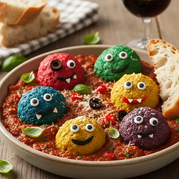 Colorful Monster Turkey Meatballs in Tomato Sauce