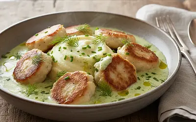 Kashubian Fish Meatballs in Horseradish-Dill Sauce on Parsley Purée