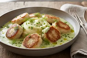 Kashubian Fish Meatballs in Horseradish-Dill Sauce on Parsley Purée