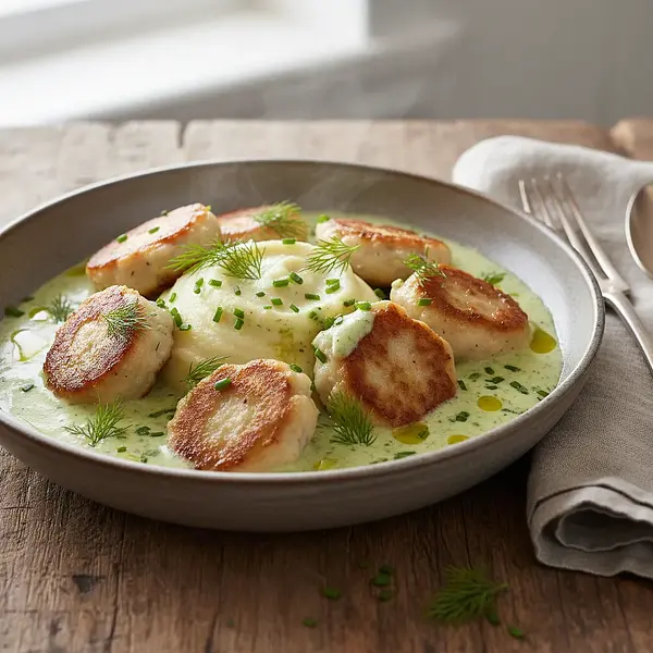 Kashubian Fish Meatballs in Horseradish-Dill Sauce on Parsley Purée