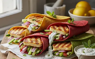 Kolorowe Wrapy z Grillowanym Halloumi i Sosem Miętowo-Jogurtowym
