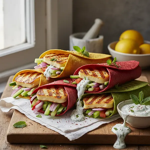 Kolorowe Wrapy z Grillowanym Halloumi i Sosem Miętowo-Jogurtowym