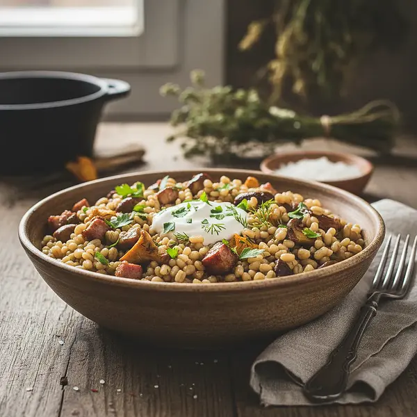 Kroupoto s houbami a uzeným masem (Czeskie risotto jęczmienne z grzybami i wędzonym boczkiem)