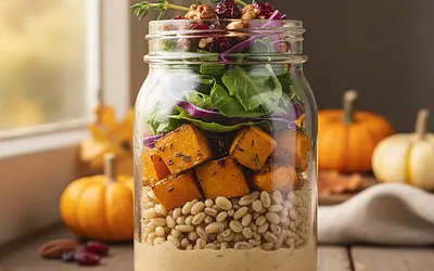 Autumn Jar Salad with Roasted Pumpkin, Spelt Groats, and Tahini Dressing