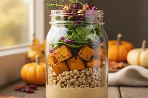 Autumn Jar Salad with Roasted Pumpkin, Spelt Groats, and Tahini Dressing