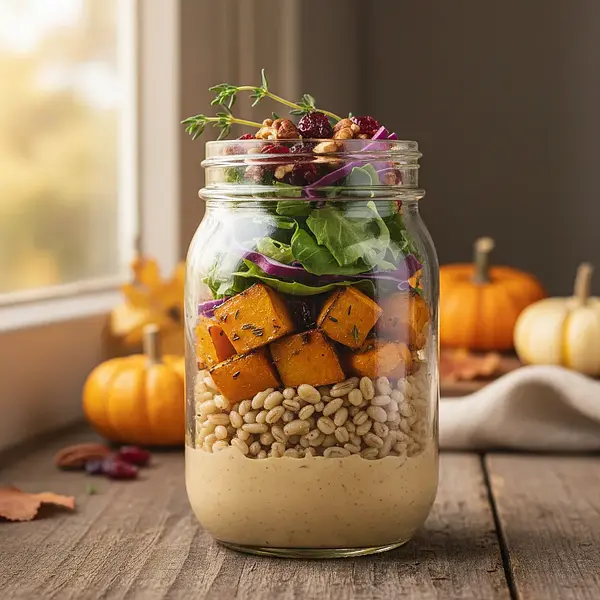 Autumn Jar Salad with Roasted Pumpkin, Spelt Groats, and Tahini Dressing