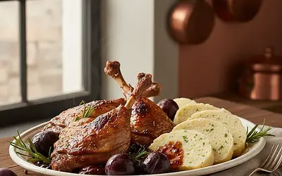 Baked duck legs in plum sauce with Karlovy Vary dumplings