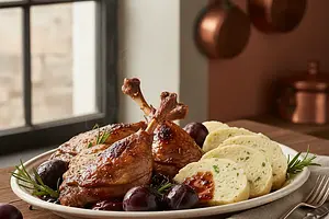 Baked duck legs in plum sauce with Karlovy Vary dumplings