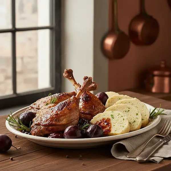 Baked duck legs in plum sauce with Karlovy Vary dumplings
