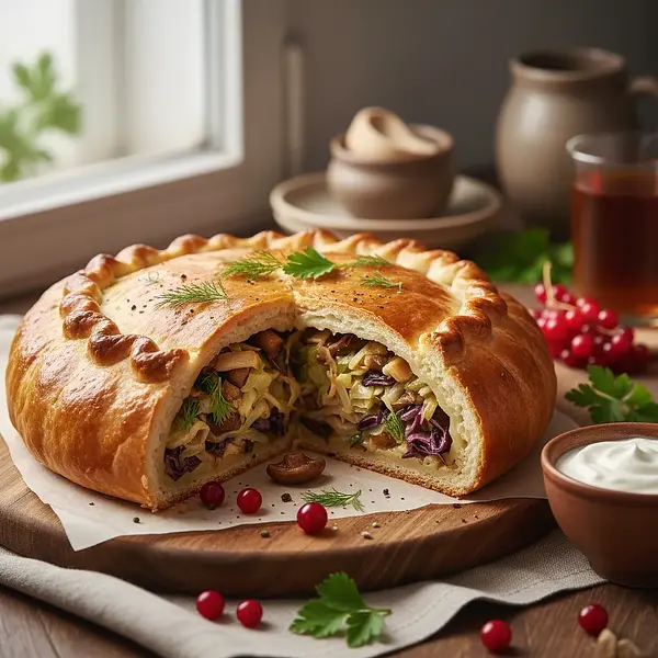 Christmas Kulebiak with Cabbage and Mushrooms