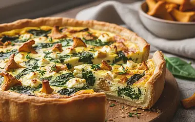 Seasonal quiche with chanterelles, spinach, and feta cheese
