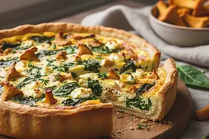 Seasonal quiche with chanterelles, spinach, and feta cheese