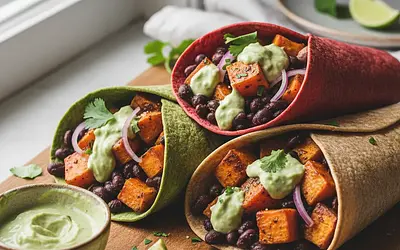 Colorful Wraps with Roasted Sweet Potato, Black Beans, and Avocado-Lime Sauce