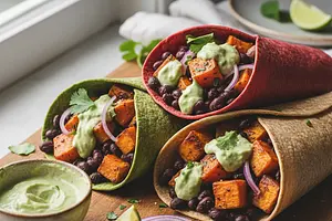 Colorful Wraps with Roasted Sweet Potato, Black Beans, and Avocado-Lime Sauce