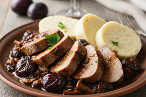 Czech Pork Tenderloin with Plums in Mushroom Sauce with Bread Dumplings