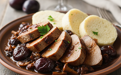 Czech Pork Tenderloin with Plums in Mushroom Sauce with Bread Dumplings