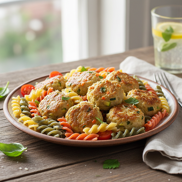 Colorful Chicken Meatballs with Hidden Vegetables and Rainbow Pasta