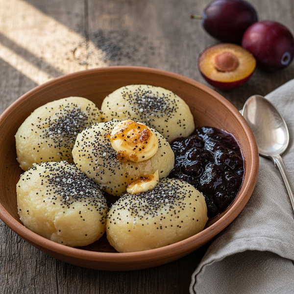 Creamy potato dumplings with poppy seeds, plum jam, and browned butter