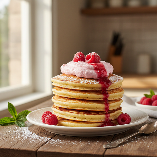 Fluffy Biscuit Pancakes from the Pan with Raspberry Mousse