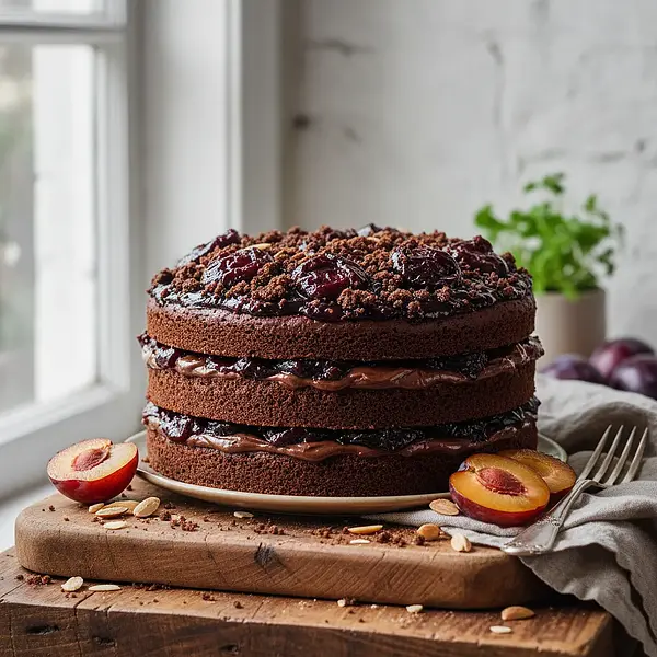 Velvety chocolate cake with plum jam and cocoa crumble