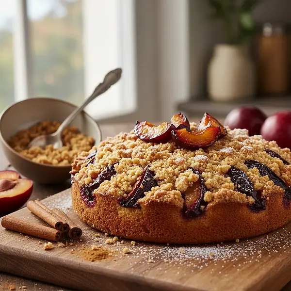 Buttery Crumb Cake with Plums and Cinnamon Crumble